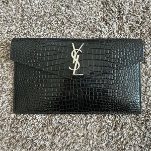 Saint Laurent Uptown Pouch in Crocodile-Embossed Shiny Leather
